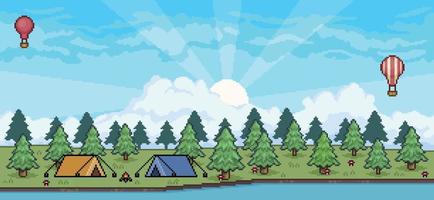 paisaje de camping de pixel art en bosque y río con carpas y fondo de juego de 8 bits de fogata vector