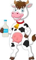 linda caricatura de vaca con botella de leche vector