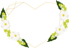 white cosmos and green hydrangea  heart golden wreath frame png