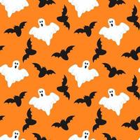 Seamless pattern with a ghosts and bats on orange background for halloween. vector