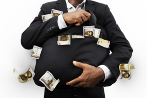 Black Businessman holding black bag full of Nigerian naira notes isolated on transparent background, money falling from bag png