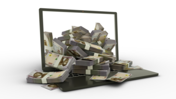 3D-Rendering von nigerianischen Naira-Noten, die aus einem Laptop-Monitor kommen, isoliert auf transparentem Hintergrund. Stapel von Naira-Noten in einem Laptop. Geld vom Computer, Geld vom Laptop png