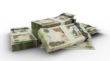 Representación 3d de la pila de 1000 billetes de dirham de los emiratos árabes unidos. algunos paquetes de moneda de los emiratos árabes unidos aislados en un fondo transparente. emiratí png