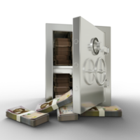 Bundles of Nigerian naira in Steel safe box. 3D rendering of stacks of money inside metallic vault, Financial protection concept, financial safety. png