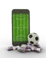 3d renderen van een mobiel telefoon met voetbal veld- Aan scherm, voetbal bal en stapels van euro aantekeningen geïsoleerd Aan transparant achtergrond. png