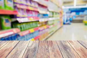 wood table with shelves in supermarket blurred background photo