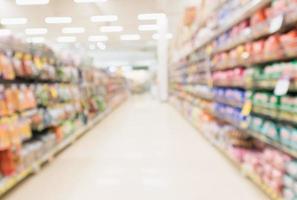 Abstract blur supermarket discount store aisle and product shelves interior defocused background photo