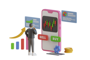 3D-Geschäftsmann, der Aktien kauft oder verkauft und vom Handy aus in die Börse investiert. Candlestick-Diagramm des Aktienverkaufs und -kaufs mit Mobiltelefonen, Marktinvestitionshandel. 3D-Rendering png