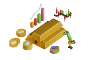 3D-Goldanlage und Kaufkonzept. 3D-Goldbarren mit Aufwärtstrend-Chart-Konzept. 3D-Rendering Börsenhandelsdiagramm mit Goldbarren und Pfeilzeigen. 3D-Rendering png
