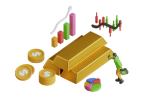 3d oro investimento e acquisto concetto. 3d oro barre con uptrend grafico concetto. 3d interpretazione azione mercato commercio grafico con oro barre e freccia indicando. 3d interpretazione png