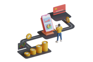 3D-Dashboard und Geschäftsfinanzbericht. Dollar-Goldmünze, Cashflow- oder Geldtransferkonzept, Geschäft und Finanzen, Geld, Einkommen, Investitionen, Betrieb, Finanzierung und Gewinn, png