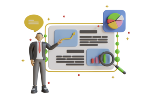 Análisis de datos 3d, tablero e informe de finanzas comerciales. gráfico de informe de desarrollo empresarial. Meta 3d para negocios, finanzas, inversión de dinero. representación 3d png