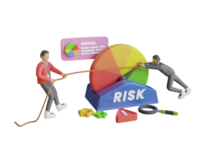 Ilustración 3d del concepto de riesgo empresarial. hombre de negocios girando la flecha del medidor de riesgo hacia atrás con una cuerda. una eficaz gestión, medición, seguimiento, evaluación y control de riesgos. representación 3d png
