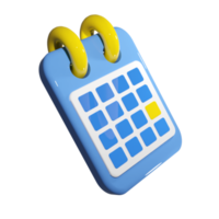 calendário de renderização 3D em azul e amarelo. clipart de ilustração de compromisso com lembrete. escolha a data do evento ou festa de aniversário png