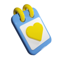 3d render of spiral calendar with big yellow heart. Minimal note pad with icon sign. Save the date or reminder illustration for appointment, meeting or holiday planning png