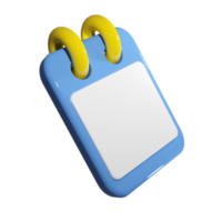 Blank render of 3d note pad with white paper. Ui element for business with nobody. Spiral reminder agenda in blue and yellow png