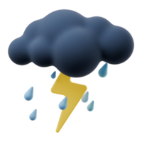 3d cartone animato tempo metereologico pioggia nuvole con temporale. buio nube cartello con fulmine isolato su trasparente sfondo. 3d rendere illustrazione. png
