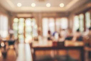 Restaurant interior with customer and wood table blur abstract background with bokeh light photo