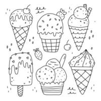 conjunto de garabatos de lindos helados aislados en fondo blanco. comida dulce. ilustración vectorial dibujada a mano en estilo garabato. perfecto para varios diseños, tarjetas, decoraciones, logo, menú. vector