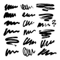 Set of black abstract brushstrokes, lines, squiggles and swirls. Vector hand-drawn illustration isolated on white background. Perfect for decorations and various designs.