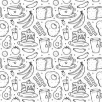 Cute seamless pattern with breakfast food - fried eggs, bacon, toast, coffee, avocado, pancakes, fruits. Vector hand-drawn illustration in doodle style. Perfect for print, wrapping paper, wallpaper.