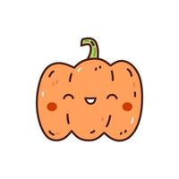 Cute and funny orange pumpkin isolated on white background. Vector hand-drawn illustration in doodle style. Kawaii character. Perfect for cards, decorations, logo and Halloween designs.