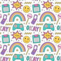 Bright seamless pattern with items from the nineties - retro flip phone, joystick, floppy disk, smile, chupa chups, stars and rainbows on checkered background. Nostalgia for the 1990s. Funny print. vector