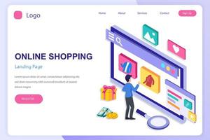 Online shopping isometric concept. Landing page website flat vector template