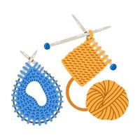 Set of knitting needlework yarn balls in blue and yellow colors vector illustration