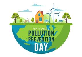 día nacional de prevención de la contaminación para la campaña de concienciación sobre problemas de fábricas, bosques o vehículos en una ilustración plana de dibujos animados dibujados a mano de plantilla vector