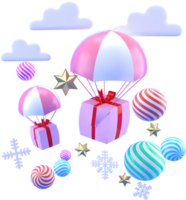 3d renderização de fundo de elementos de natal ou ano novo com estrelas decorativas, bolas, neve e caixas de presente. presentes coloridos para feriados. design moderno. png