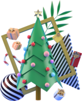 3d renderização de fundo de elementos de natal ou ano novo com bola de árvore decorativa, neve e presente no quadro. presentes coloridos para feriados. design moderno.