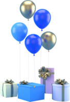 3d renderização de fundo de elementos de natal ou ano novo com balões decorativos e caixas de presente. presentes coloridos para feriados. design moderno. png