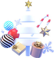 Representación 3d de fondo de elementos de navidad o año nuevo con árbol decorativo, bolas, nieve y cajas de regalo. regalos coloridos para las vacaciones. diseño moderno. ilustración aislada png