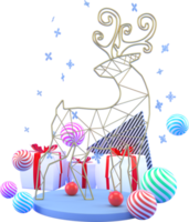 rendu 3d fond d'éléments de noël ou du nouvel an avec des cerfs décoratifs, des boules, de la neige et des coffrets cadeaux. cadeaux plats colorés pour les vacances. Design moderne. png