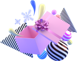 Representación 3d de fondo de elementos de navidad o año nuevo con bolas decorativas y cajas de regalo. regalos coloridos para las vacaciones. diseño moderno. png