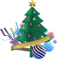 Representación 3d de fondo de elementos de navidad o año nuevo con árbol decorativo, bolas, nieve y cajas de regalo. regalos coloridos para las vacaciones. diseño moderno. png