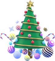 Representación 3d de fondo de elementos de navidad o año nuevo con árbol decorativo, bolas, nieve y cajas de regalo. regalos coloridos para las vacaciones. diseño moderno. png