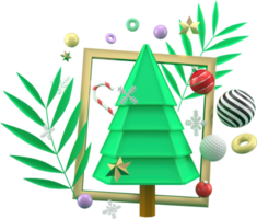 Representación 3d de fondo de elementos de navidad o año nuevo con bola de árbol decorativa, nieve y regalo en marco. regalos coloridos para las vacaciones. diseño moderno. png