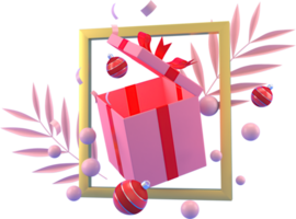 Representación 3d de fondo de elementos de navidad o año nuevo con bolas decorativas y cajas de regalo. regalos coloridos para las vacaciones. diseño moderno. png