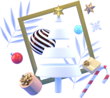 Representación 3d de fondo de elementos de navidad o año nuevo con bola de árbol decorativa, nieve y regalo en marco. regalos coloridos para las vacaciones. diseño moderno. png