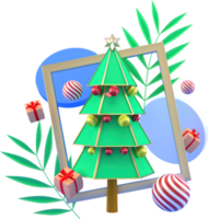 3d-rendering weihnachts- oder neujahrselementhintergrund mit dekorativem baumball, schnee und geschenk im rahmen. bunte geschenke für feiertage. modernes Design. png