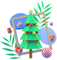 3d renderização de fundo de elementos de natal ou ano novo com bola de árvore decorativa, neve e presente no quadro. presentes coloridos para feriados. design moderno. png