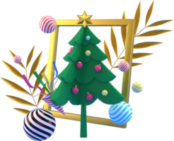 Representación 3d de fondo de elementos de navidad o año nuevo con bola de árbol decorativa, nieve y regalo en marco. regalos coloridos para las vacaciones. diseño moderno. png