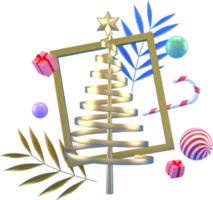 Representación 3d de fondo de elementos de navidad o año nuevo con bola de árbol decorativa, nieve y regalo en marco. regalos coloridos para las vacaciones. diseño moderno. png