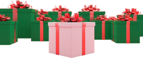 Fondo de elementos de navidad o año nuevo de renderizado 3d con cajas de regalo decorativas. regalos coloridos para las vacaciones. diseño moderno. ilustración aislada png