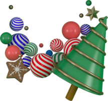 rendu 3d fond d'éléments de noël ou du nouvel an avec arbre décoratif, boule, neige et coffrets cadeaux. cadeaux colorés pour les vacances. Design moderne. illustration isolée png