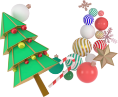 rendu 3d fond d'éléments de noël ou du nouvel an avec arbre décoratif, boule, neige et coffrets cadeaux. cadeaux colorés pour les vacances. Design moderne. illustration isolée png