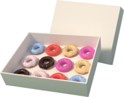 Representación 3d fondo de elementos de navidad o año nuevo con donut decorativo. regalos coloridos para las vacaciones. diseño moderno. ilustración aislada. png