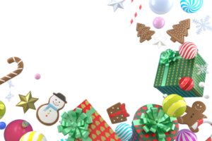 3d Rendering Christmas or new year elements background with decorative balls, star, snow and gif box. Colorful gifts for holidays. Modern design. Isolated  illustration. png